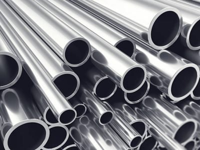 Heap of shiny metal steel pipes with selective focus effect, 3d illustration